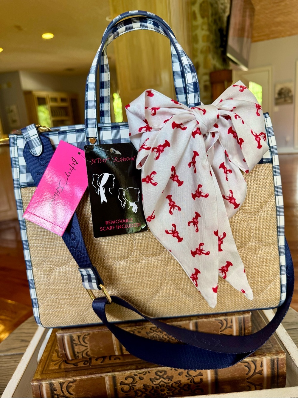 Betsey Johnson Navy Gingham Straw Tote with Red Scarf